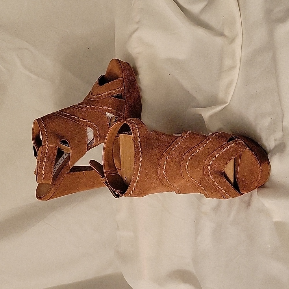 Steve Madden 5.5" heels in cognac suede. Adjustable buckle ankle strap.